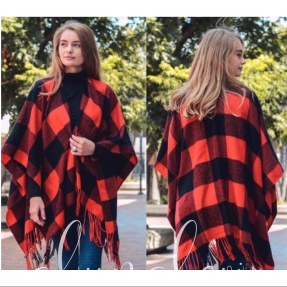 RED BUFFALO PLAID PONCHO/WRAP - Picture 3 of 8